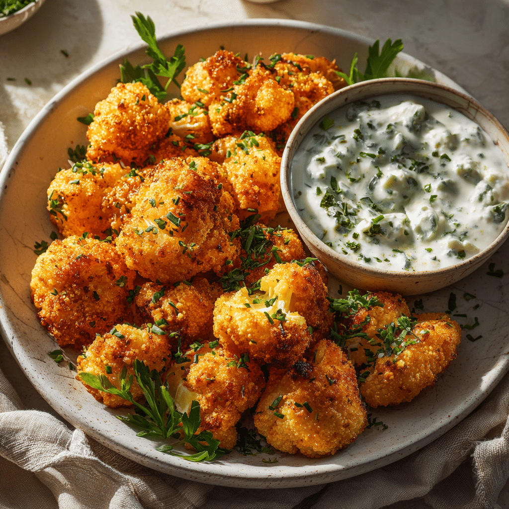Golden crispy cauliflower bites served with creamy blue cheese dip, styled on a white plate.”