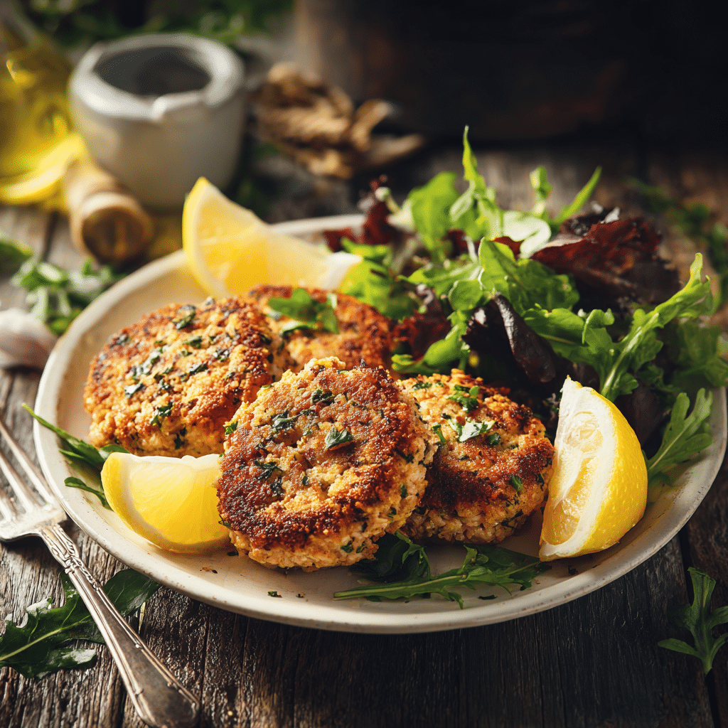 Plated air fryer grilled tuna patties with lemon wedges and salad, crispy and golden.