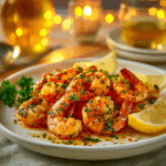 Plated air fryer garlic prawns garnished with lemon and parsley, ready to serve.
