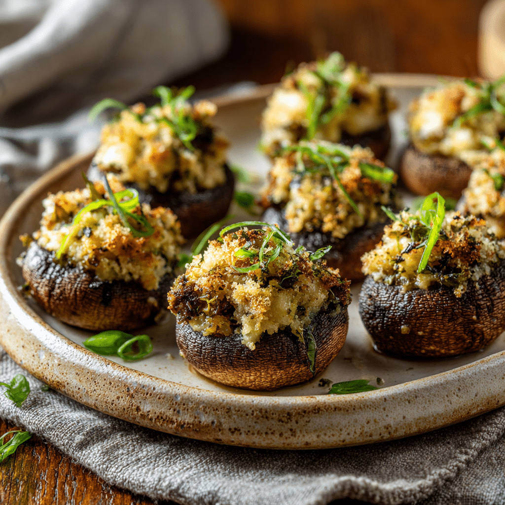 "Plated air fryer baked stuffed mushrooms garnished with herbs, served on a ceramic dish in a cozy family-friendly table setting"