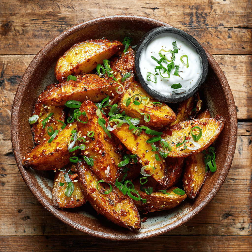 Crispy air fryer spicy potato wedges served in a rustic bowl with scallions and dipping sauce on the side.