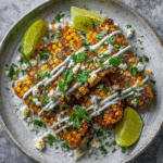 Perfectly plated Air Fryer Crispy Corn Ribs topped with cotija cheese, lime drizzle, and cilantro, served hot and ready to enjoy.