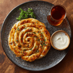 Finished Air Fryer Spicy Turkish Börek served spiral-style with yogurt dip and tea.
