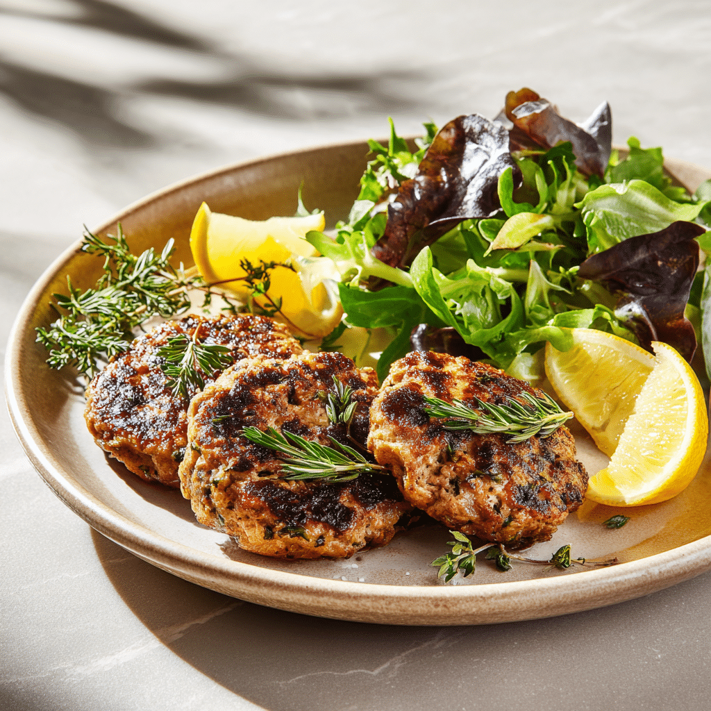 “Halal air fryer sausage patties on a white plate with parsley garnish, lemon slices, and fresh salad”