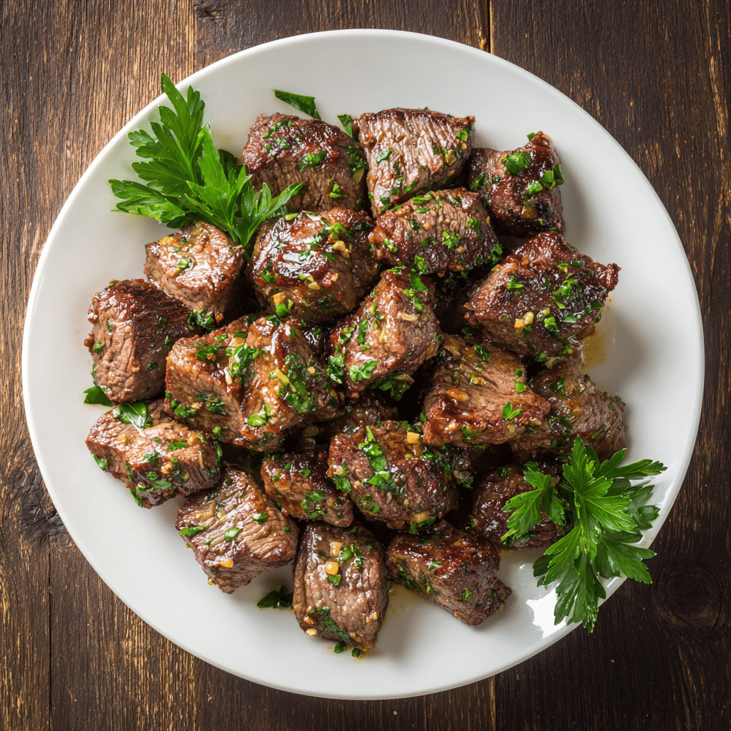Plated Air Fryer Garlic Butter Steak Bites with parsley garnish on rustic table