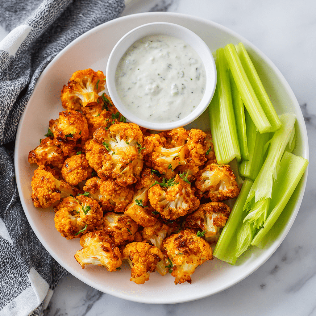 Crispy Air Fryer Buffalo Cauliflower served with ranch and celery.