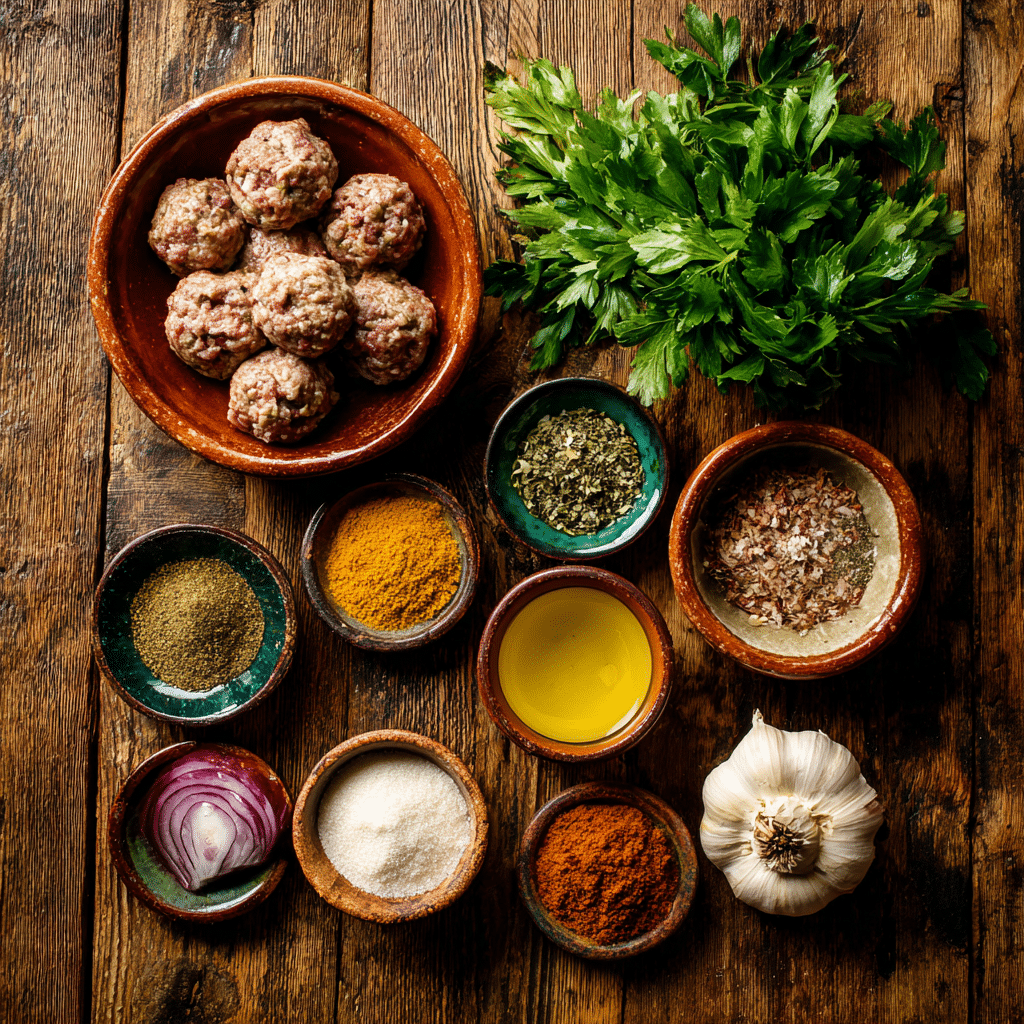 Ingredients for Air Fryer Moroccan Meatballs on rustic wood table with herbs and spices
