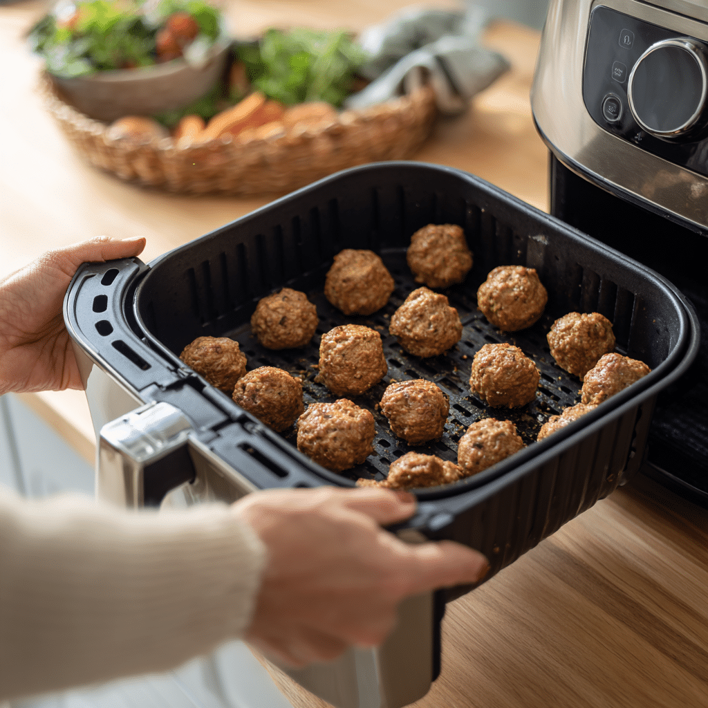 Air Fryer Moroccan Meatballs being placed into air fryer basket for cooking
