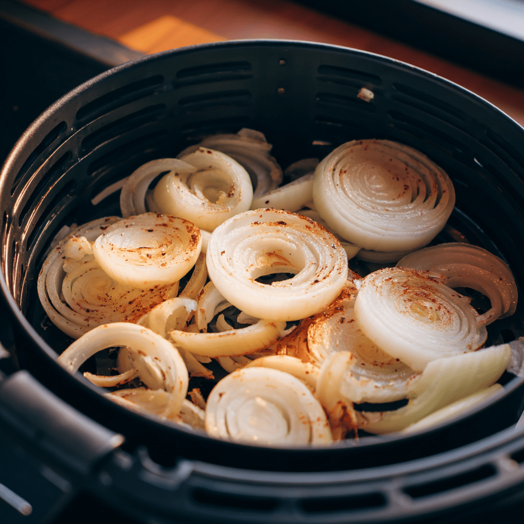 Sliced onions turning golden while cooking inside an air fryer basket.