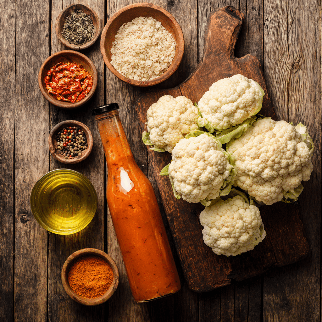 Fresh ingredients for air fryer buffalo cauliflower laid out on a kitchen counter