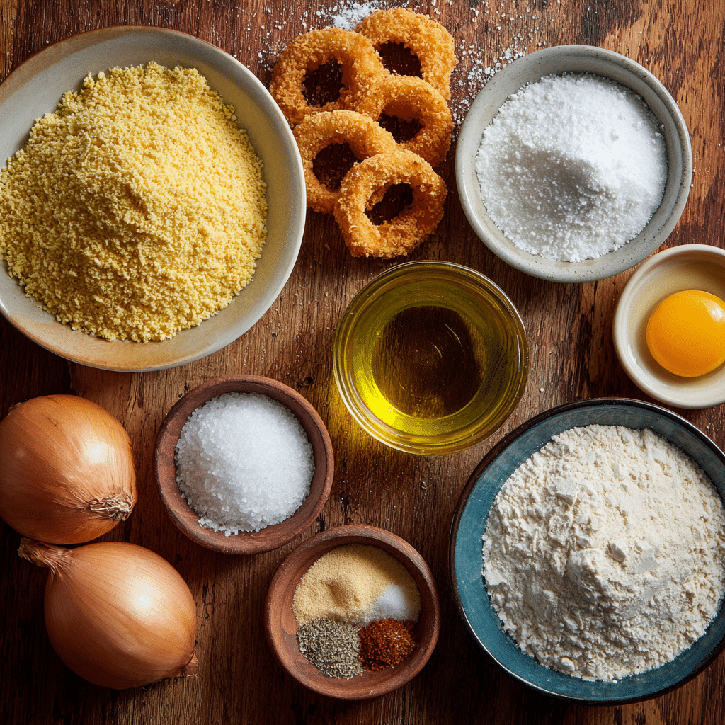 Ingredients for air fryer mini onion rings including yellow onion slices, panko bread crumbs, eggs, flour, garlic powder, and olive oil on a rustic wooden surface.