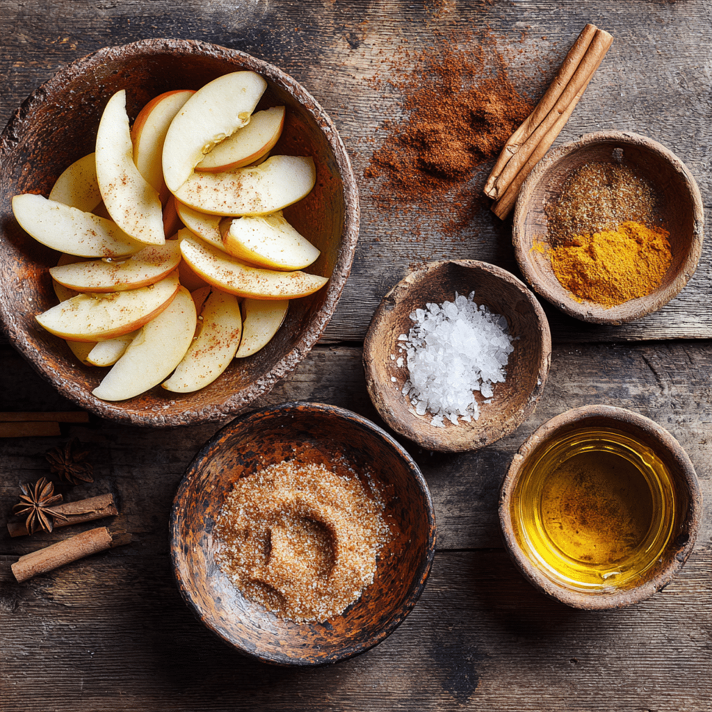 Ingredients for Air Fryer Spicy Apple Cinnamon Rings including apples, cinnamon, chili powder, and coconut oil on a wooden board.”