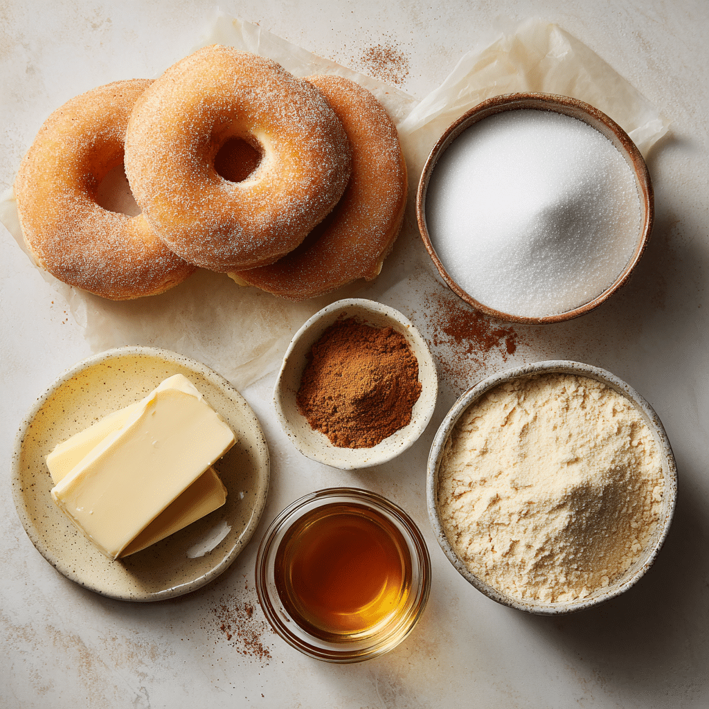 Air Fryer Uncrustable Donuts: 5-Minute Irresistible Delight 8 Ingredients for Air Fryer Uncrustable Donuts including Uncrustables, cinnamon, and sugar.