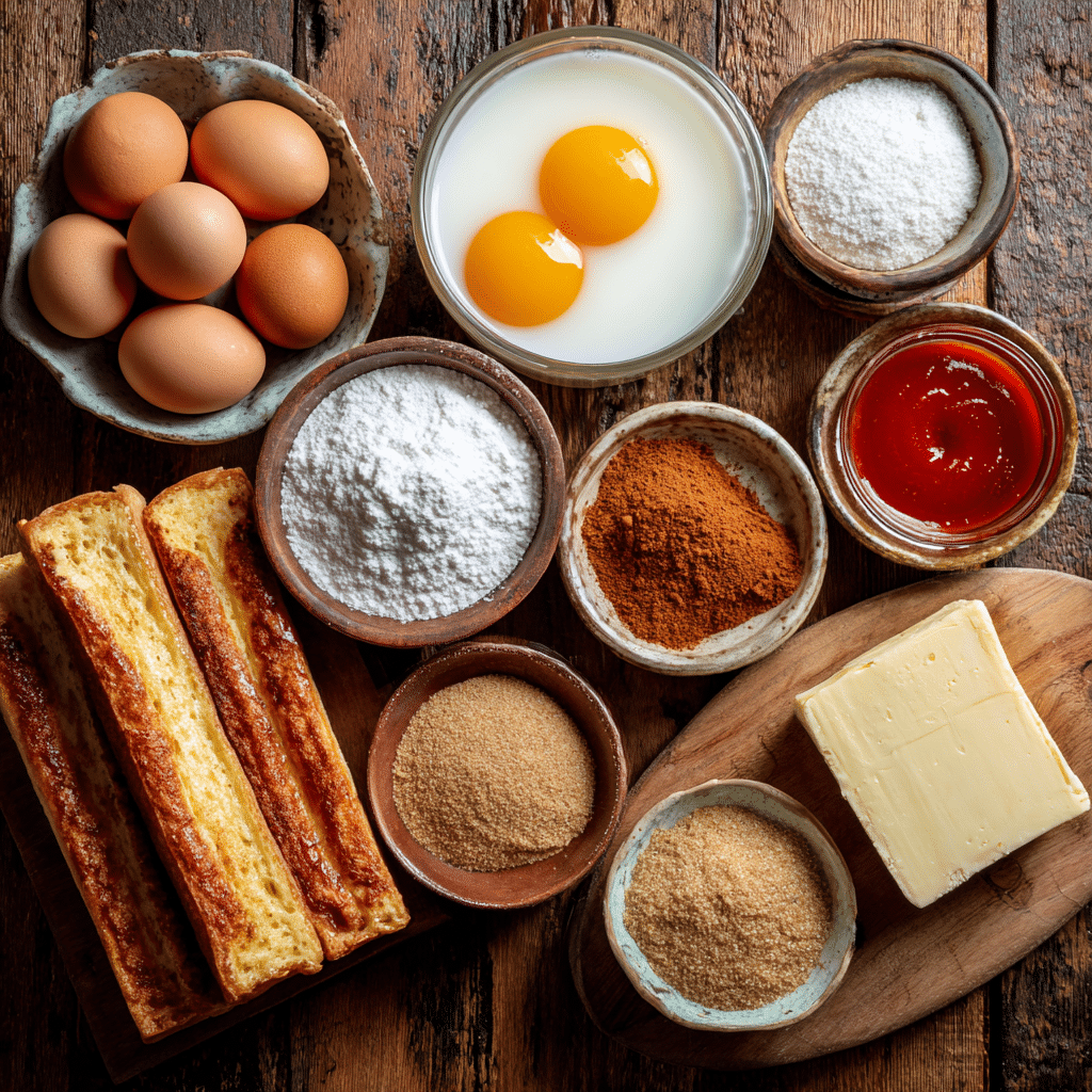 Ingredients for Air Fryer Spicy French Toast Sticks displayed on wooden surface