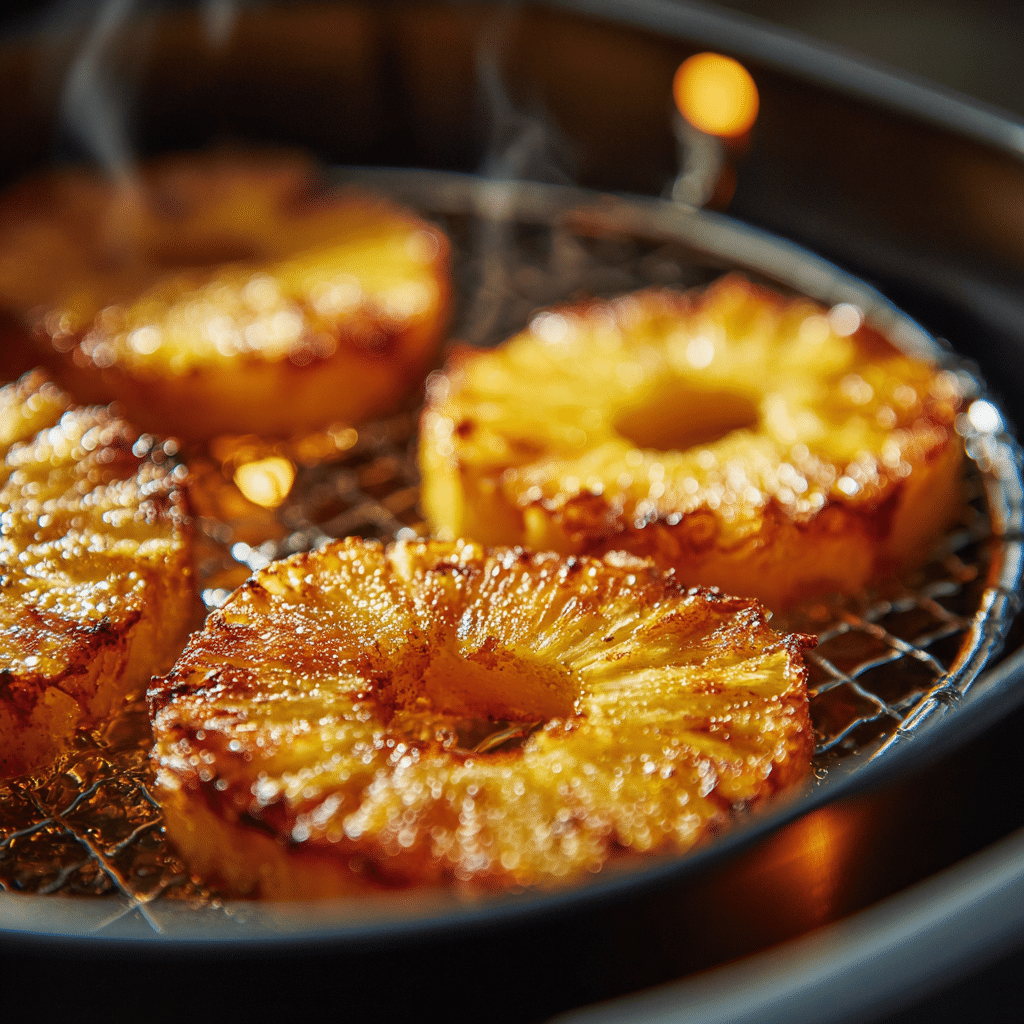 Pineapple slices caramelizing in air fryer with golden brown edges