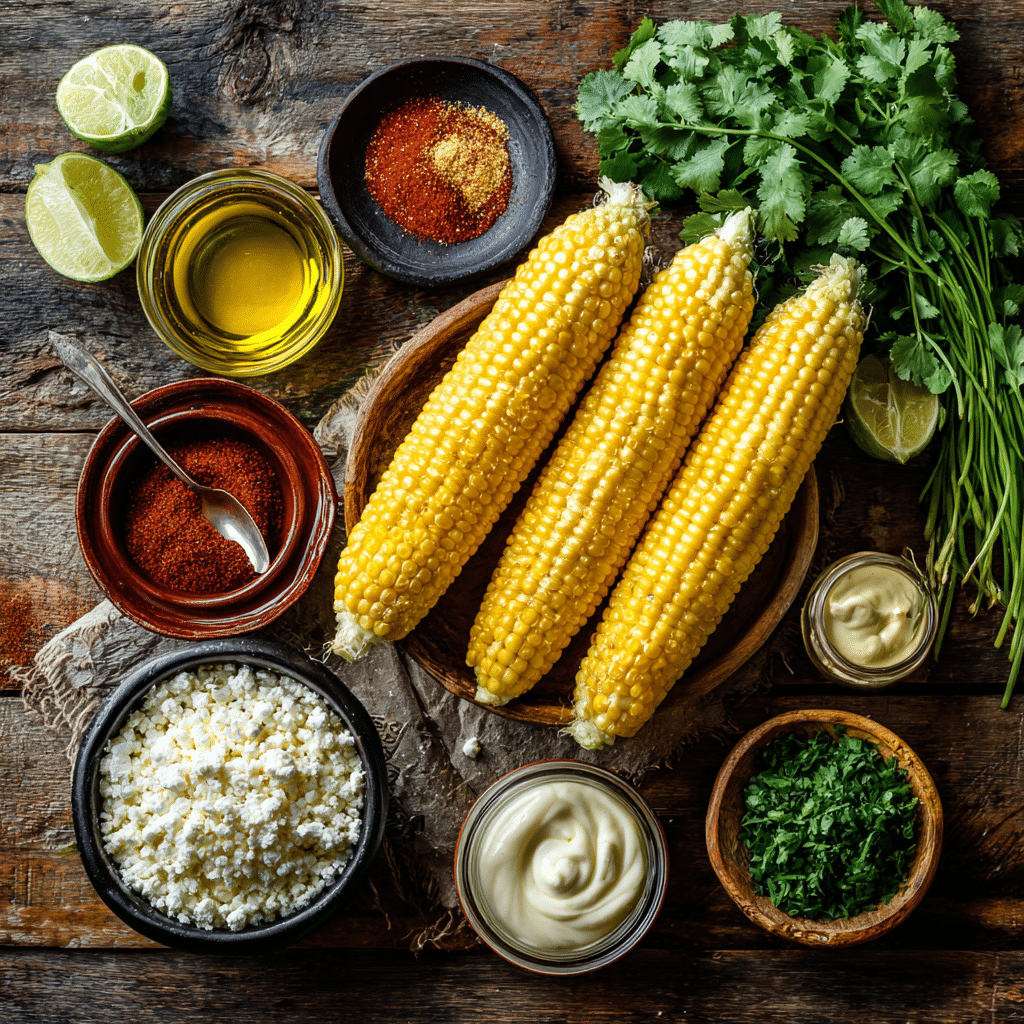 Ingredients for Air Fryer Crispy Corn Ribs including fresh corn, spices, cotija cheese, mayo, and lime on a rustic surface.