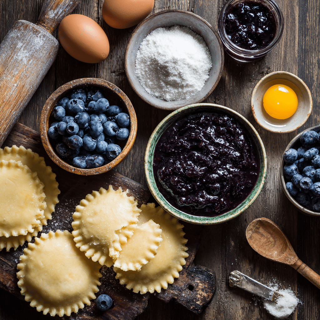  Ingredients for Air Fryer Blueberry Hand Pies: pie crusts, blueberry filling, egg, and sugar on a wooden background.