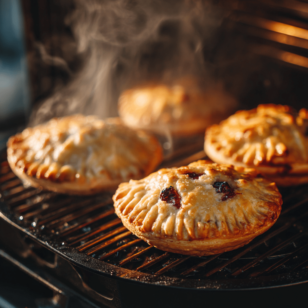 Blueberry hand pies cooking in an air fryer, with golden crust and bubbling blueberry filling.