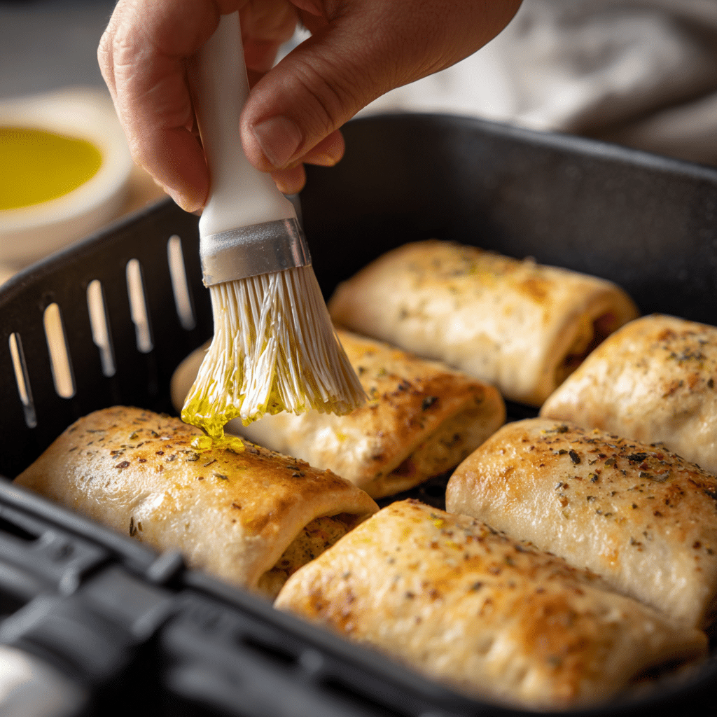 Brushing Air Fryer Pizza Rolls with oil before cooking – Air Fryer Pizza Rolls