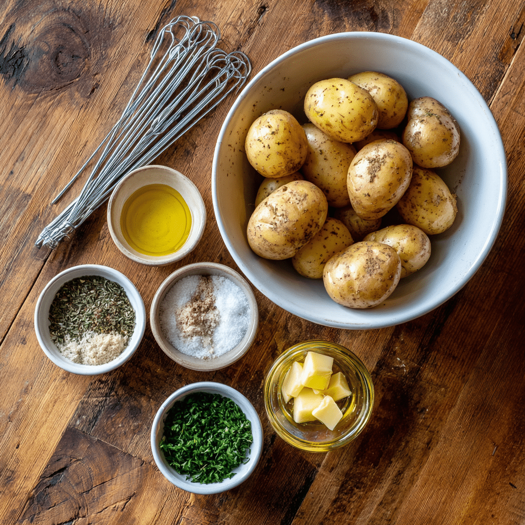 Air Fryer Tornado Potatoes ingredients displayed on a rustic kitchen counter