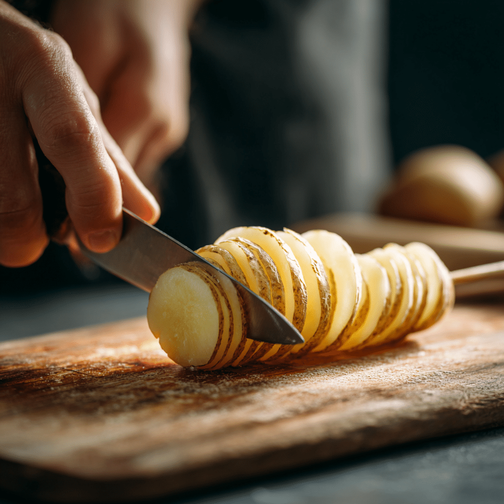 Spiraling a skewered potato into a tornado shape before air frying