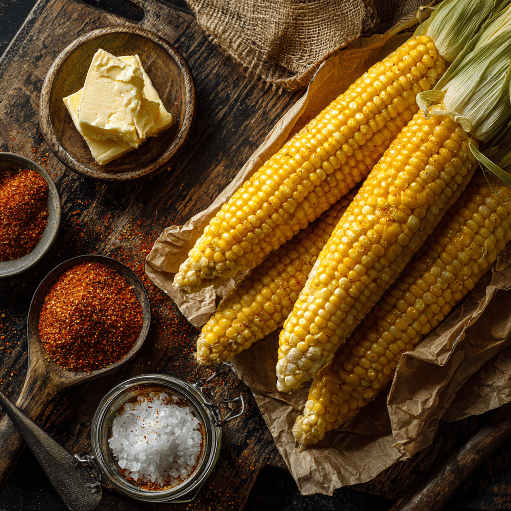 Top-down view of ingredients for Air Fryer Cajun Corn Bites, including corn, Cajun seasoning, butter, and garlic powder on rustic countertop