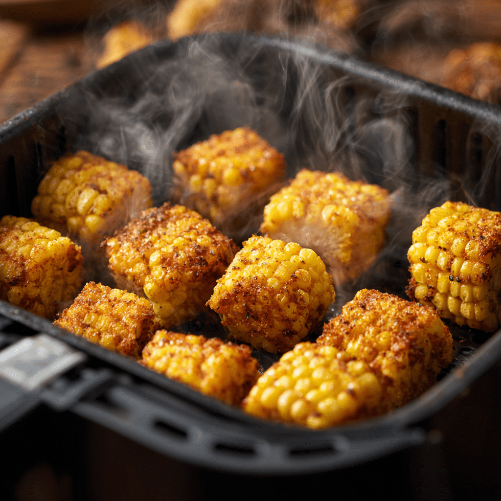 Cajun corn bites in air fryer basket, golden and crisp, mid-cooking with seasoning visible on each bite