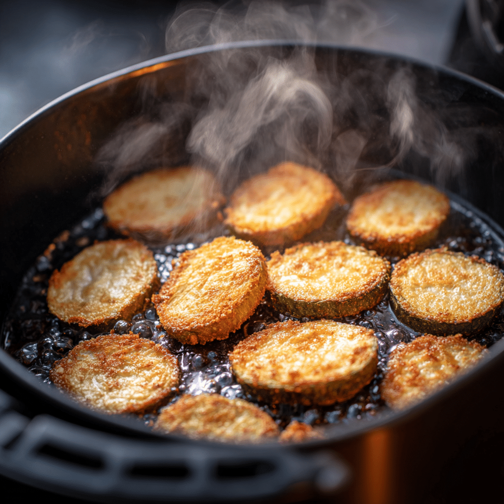 Pickle slices being air fried to crispy perfection in an air fryer basket