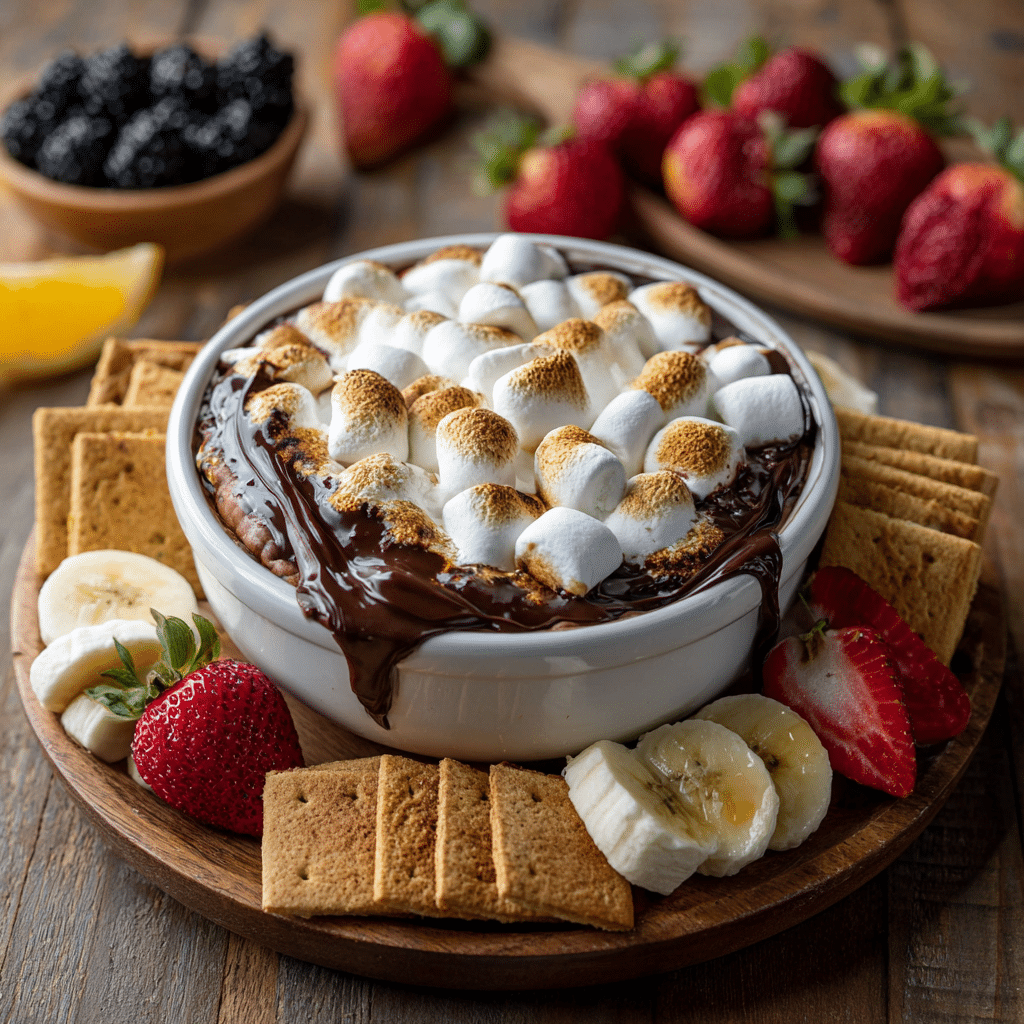 Finished Air Fryer S’mores Dip served with graham crackers and fruit for dipping.”