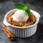 “Air Fryer Peach Crumble (No Oats) served with vanilla ice cream in white ramekin”