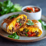 “Crispy Air Fryer Spicy Breakfast Burritos cut open on a plate with melted cheese, beef, and egg, served with salsa and fresh herbs”