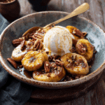 “Air Fryer Caramelized Bananas topped with vanilla ice cream, maple syrup, and pecans served in a rustic ceramic bowl”