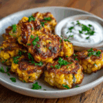 “Plated Air Fryer Cajun Corn Bites with fresh parsley garnish and ranch dip on a rustic wooden table”