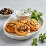 “Plated Air Fryer Turkish Borek served with yogurt dip and herbs on a ceramic plate.”