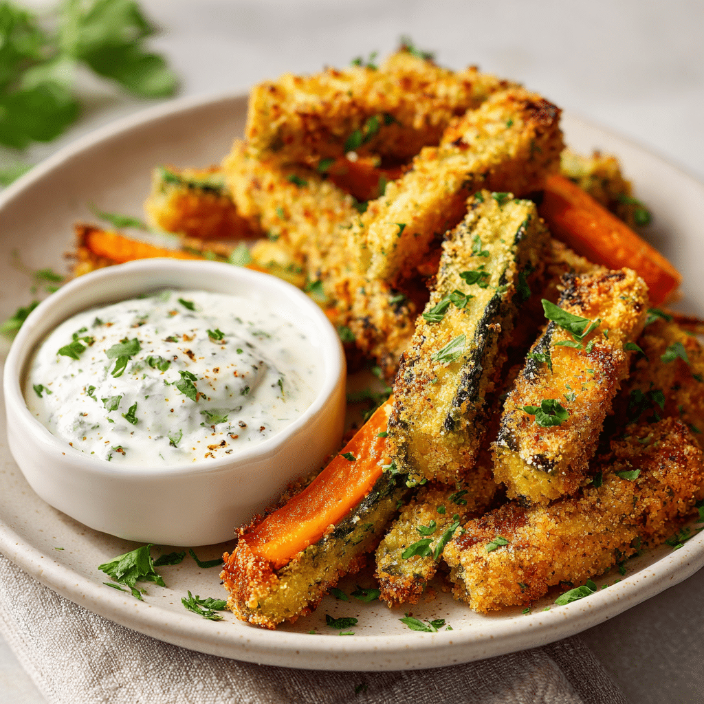 Plated air fryer garlic veggie sticks served with garlic herb yogurt dip