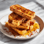 lated Air Fryer Spicy French Toast Sticks with syrup drizzle and chili flakes