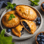 Plated Air Fryer Blueberry Hand Pies with flaky crust and juicy blueberry filling, ready to serve.