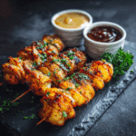 Crispy Air Fryer Tornado Potatoes served on skewers with dips and herbs