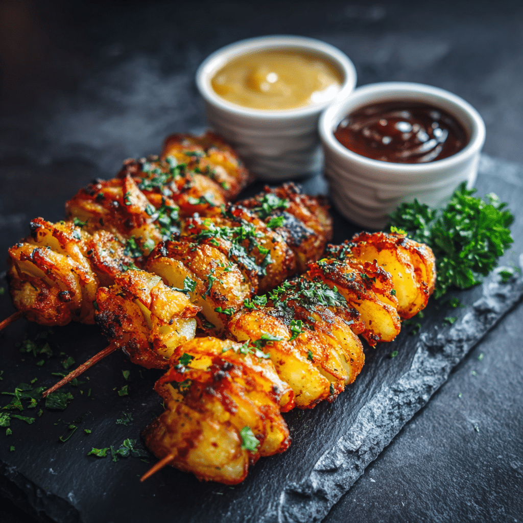 Crispy Air Fryer Tornado Potatoes served on skewers with dips and herbs