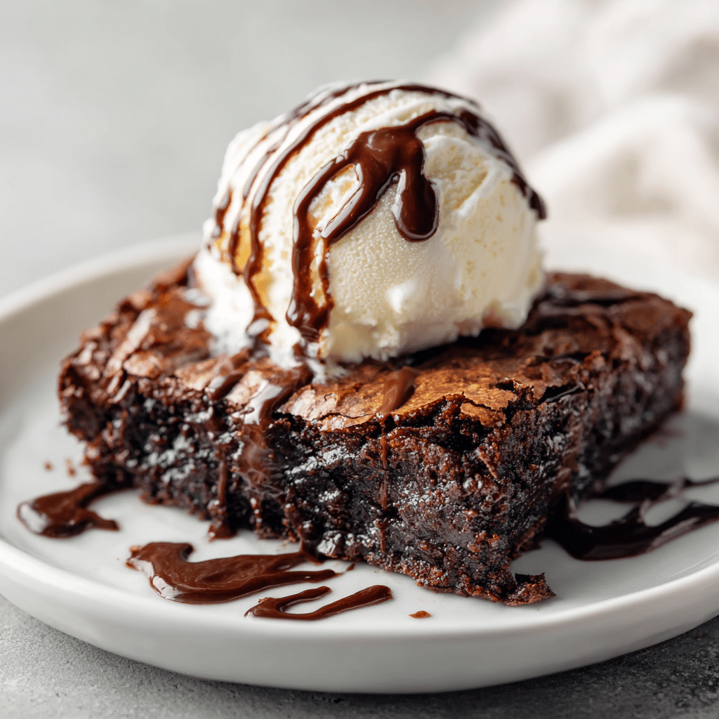 Plated air fryer fudgy brownies with melted chocolate and vanilla ice cream.