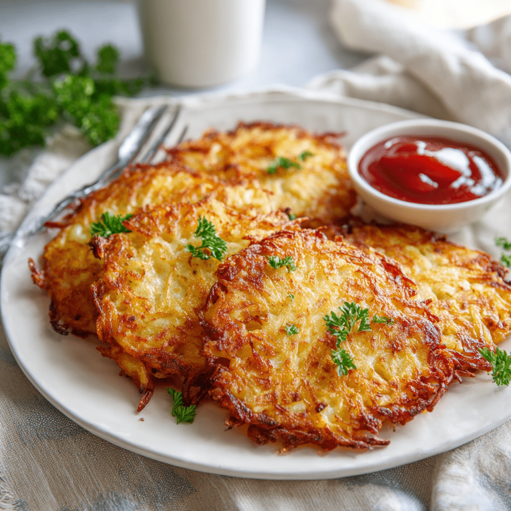 Crispy Air Fryer Golden Hash Browns served with ketchup on a breakfast plate”