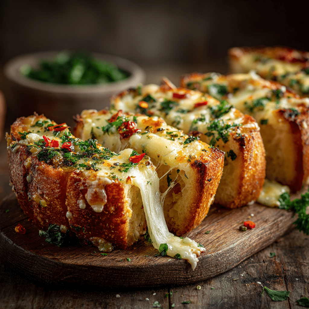 Sliced Air Fryer Spicy Cheesy Garlic Bread with melted cheese, chili flakes, and parsley on a wooden board