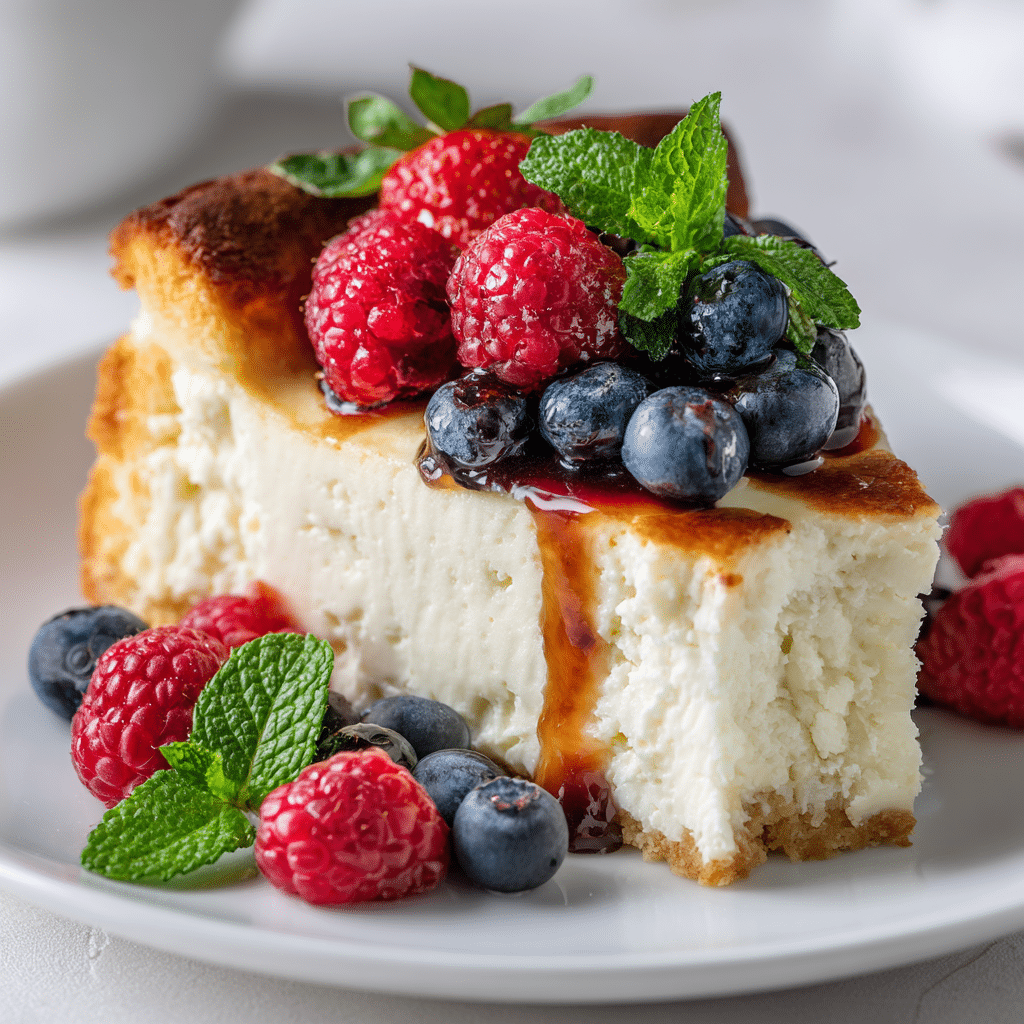 Sliced air fryer protein cheesecake Greek yogurt cake topped with berries and mint on white plate