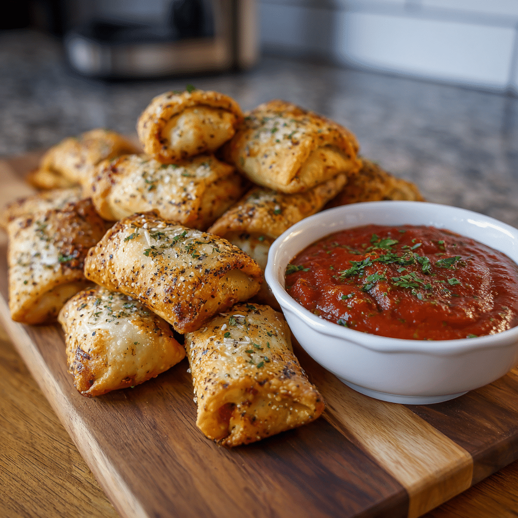 Plated Air Fryer Pizza Rolls served with marinara dip – Air Fryer Pizza Rolls