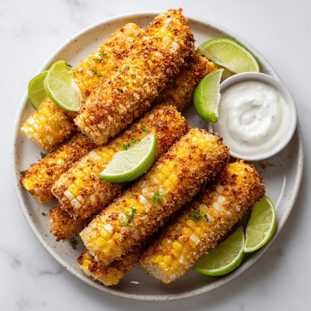 Golden crispy Air Fryer Golden Corn Ribs served with lime wedges and dipping sauce on a styled plate