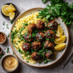 Air Fryer Moroccan Meatballs served with couscous, yogurt sauce, and lemon wedges on a ceramic plate