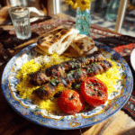 lated Air Fryer Persian Kebabs with saffron rice, grilled vegetables, and fresh herbs