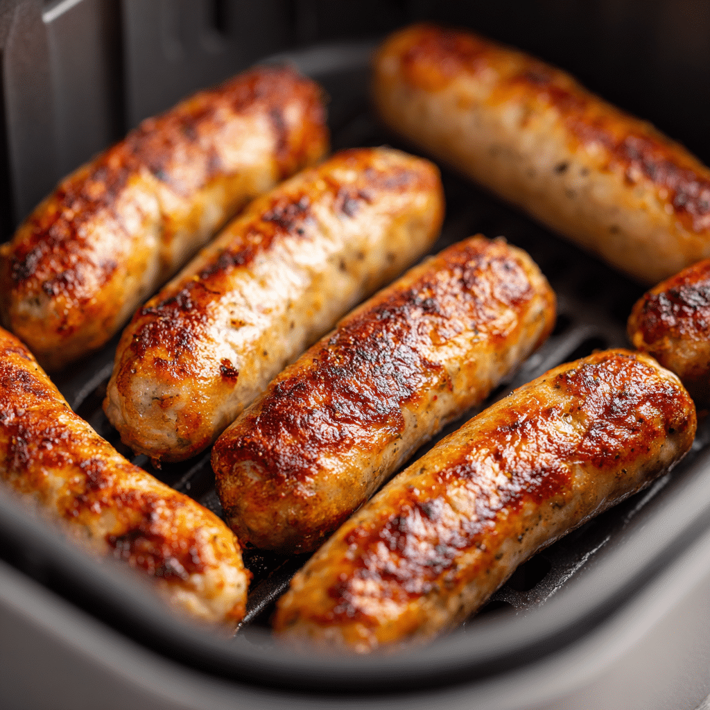 “Turkey sausage links mid-cook in an air fryer basket turning golden brown”