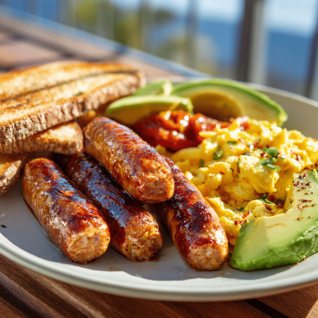 “Crispy air fryer turkey sausage links served with eggs, toast, and avocado on a breakfast plate”