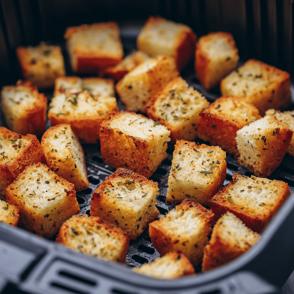 Air Fryer Croutons: 7-Minute Trick for Perfect Crunch Every Time 7 “Bread cubes cooking in an air fryer to make golden crispy Air Fryer Croutons”